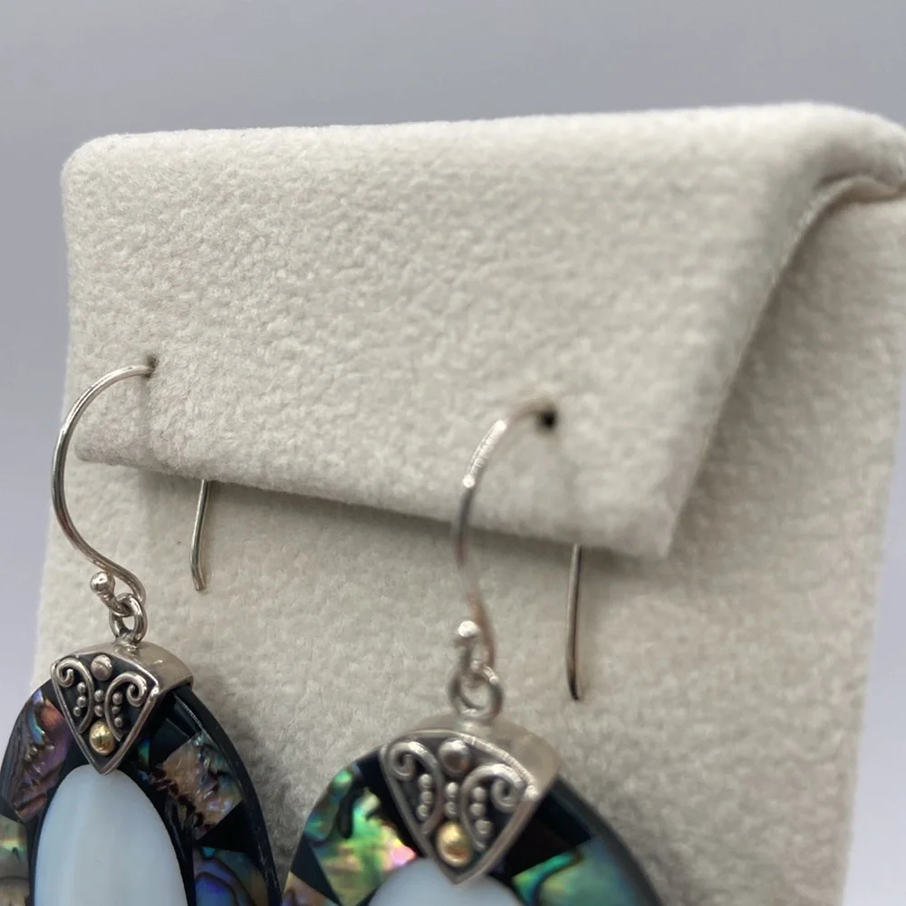 Robert Manse Sterling Silver 18K Abalone Mother of Pearl Earrings 2 1/4”L - Picture 5 of 13